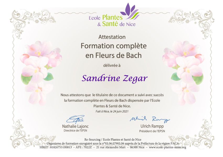 Certificat de formation Fleurs de Bach de Sandrine Zégar