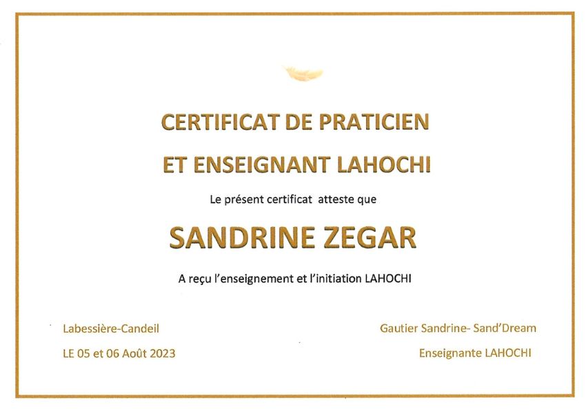 Certificat de formation en LaHoChi de Sandrine Zégar