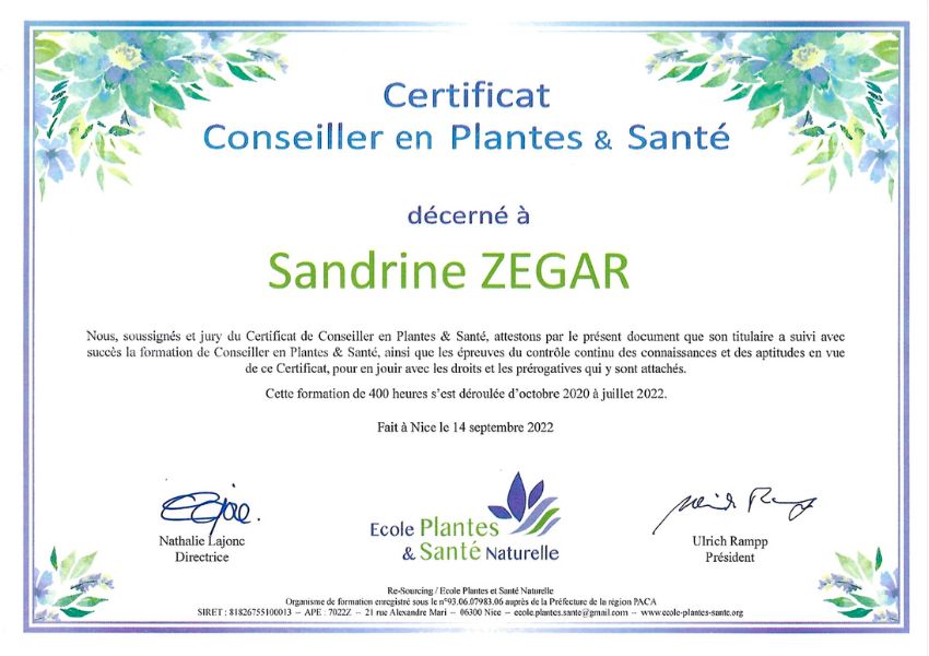 Certification de formation Plantes & Santé de Sandrine Zégar